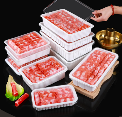 Caixas para frutas, caixas para embalagens de carne, caixas para embalagens de vegetais, caixas para plantas, vasos de plástico para flores, caixas de fast food, bem como caixas transparentes de PVC, PP e PET e caixas impressas.