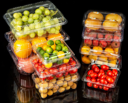 Caixas para frutas, caixas para embalagens de carne, caixas para embalagens de vegetais, caixas para plantas, vasos de plástico para flores, caixas de fast food, bem como caixas transparentes de PVC, PP e PET e caixas impressas.
